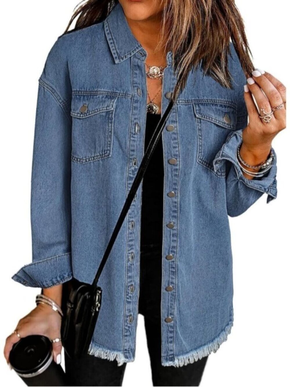 Womens Light Blue Oversized Drop Shoulder Button Up Frayed Hem Denim Jean Jacket